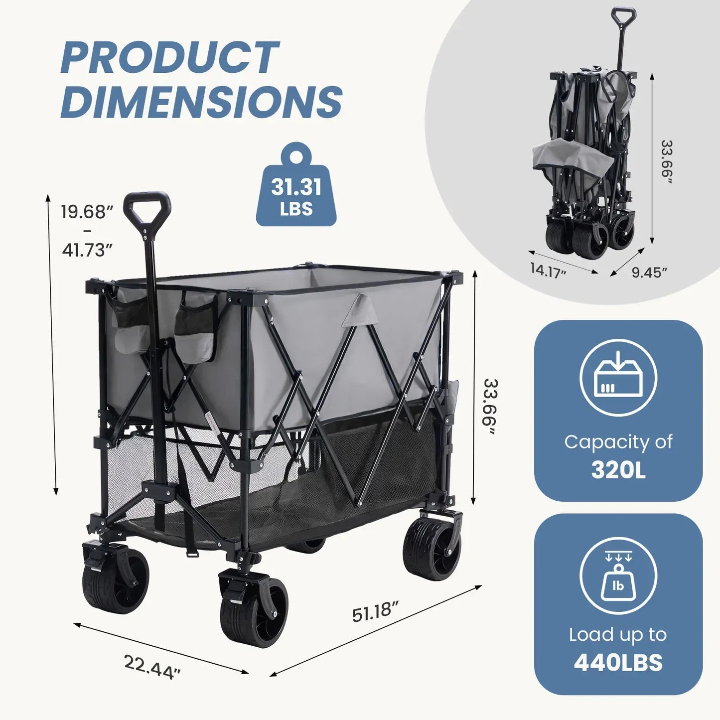 320L Heavy-Duty Collapsible Double-Decker Wagon with Brakes, 440 lb Capacity & All-Terrain Wheels