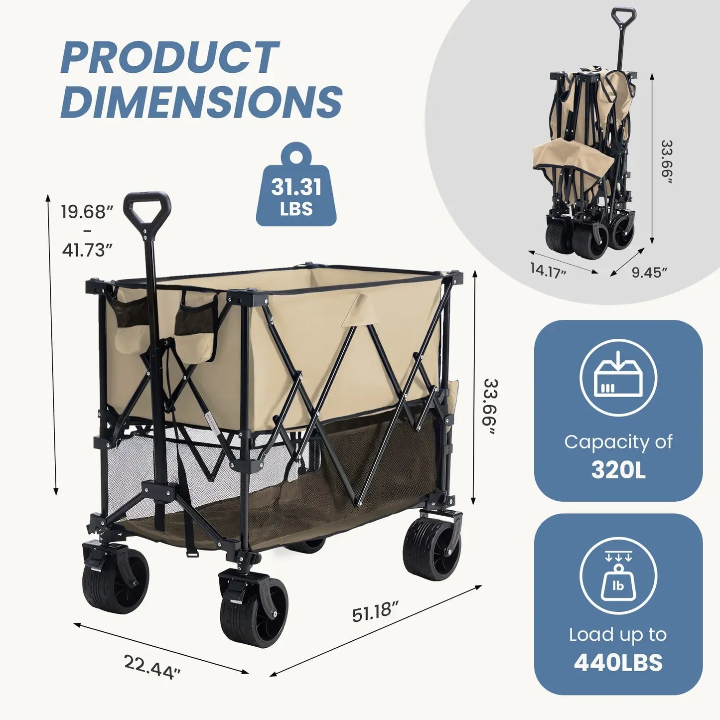 320L Heavy-Duty Collapsible Double-Decker Wagon with Brakes, 440 lb Capacity & All-Terrain Wheels
