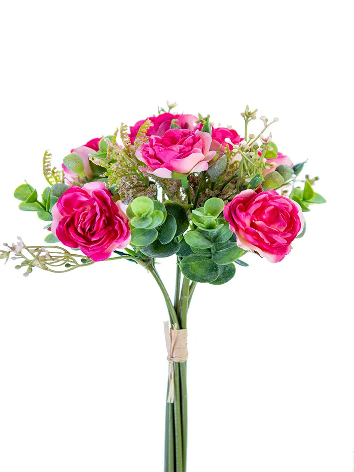 2221029BP | BRIGHT PINK | 11" MINIATURE ROSE/EUCALYPTUS BUNDLE