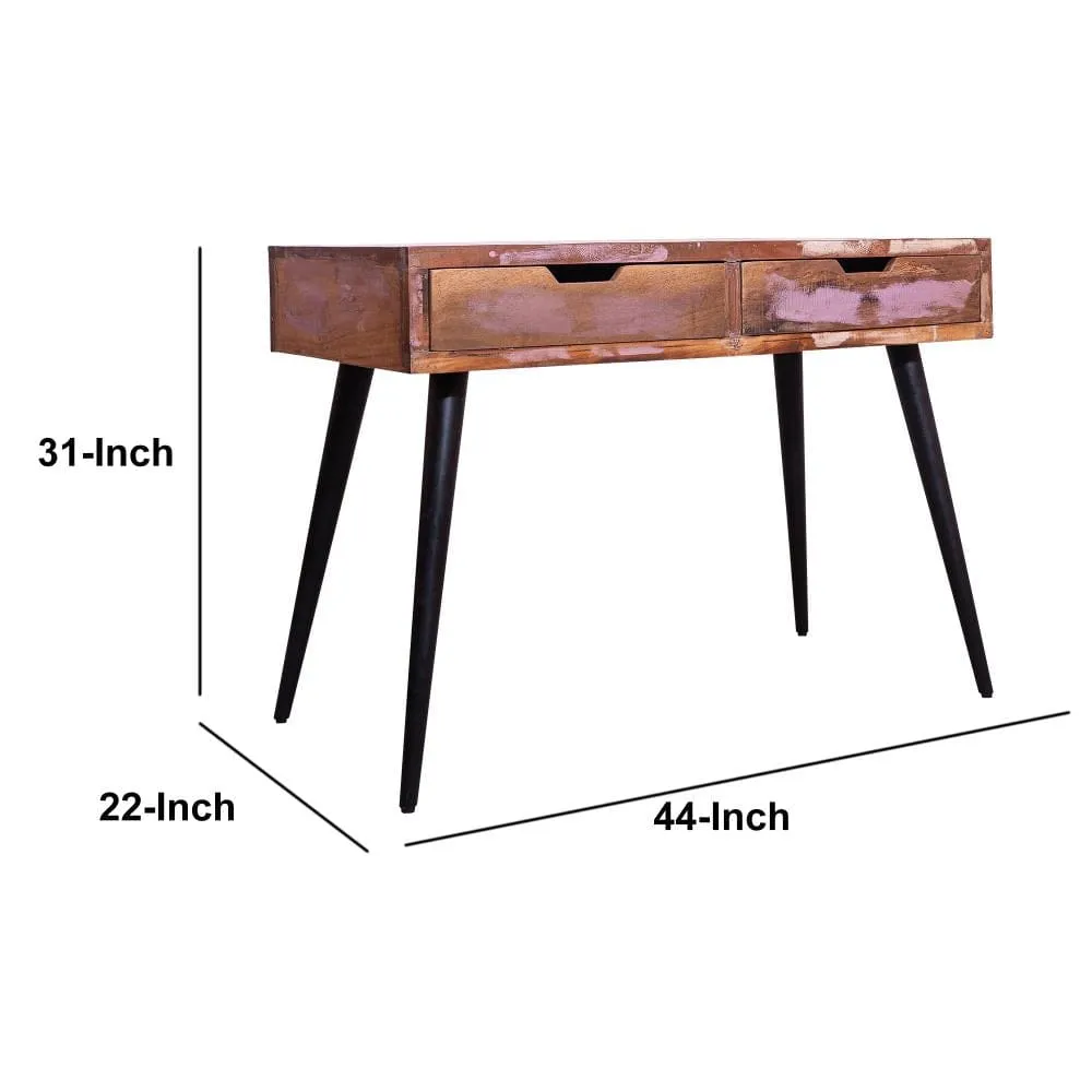 43 Inch 2 Drawer Reclaimed Wood Console Table, Angled Legs, Multi Tone Pastel Accent, Brown, Black By The Urban Port