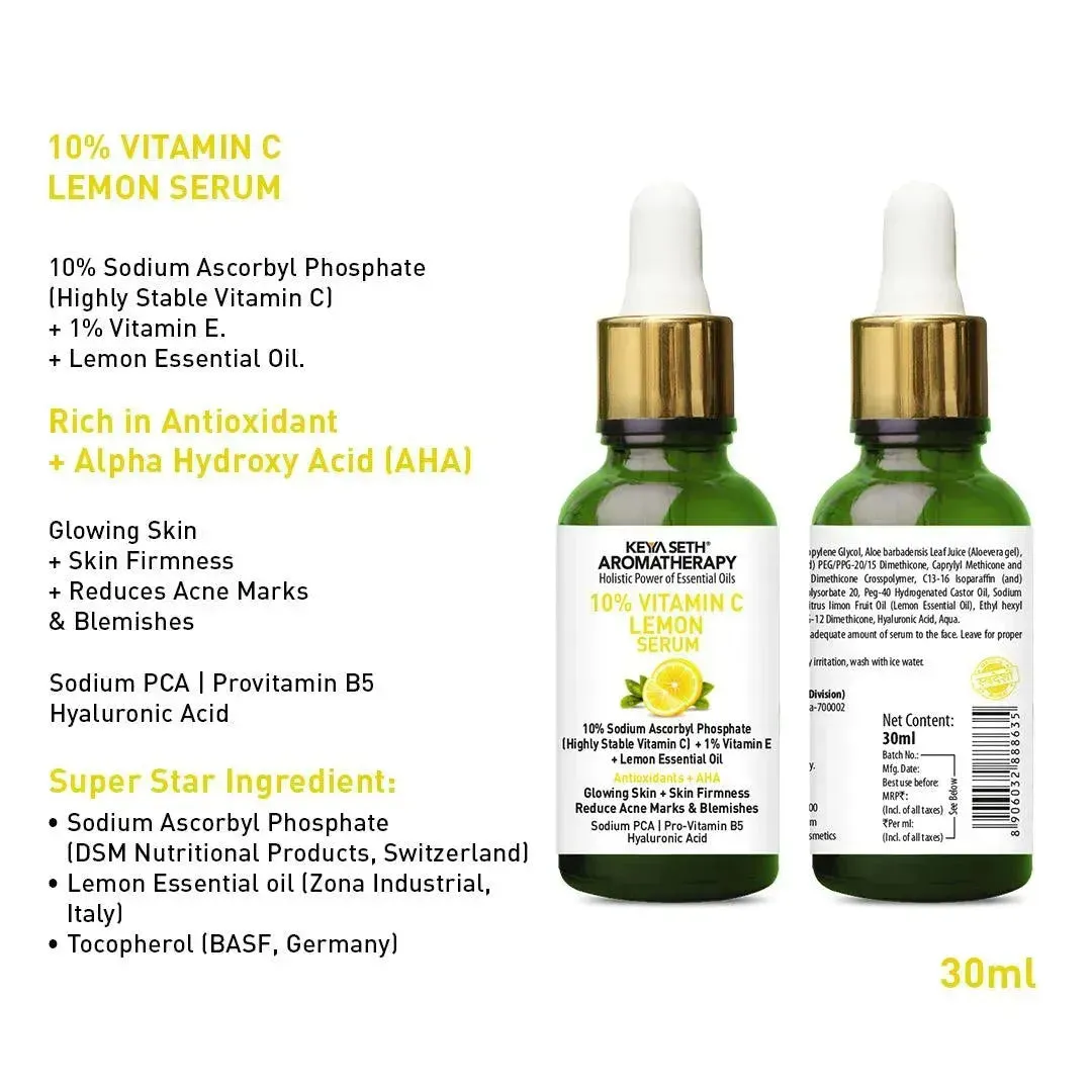 Free 10% Vitamin C Lemon Serum, Sodium Ascorbyl Phosphate   Vitamin E & Lemon Essential Oil, Antioxidants   AHA, Glowing Skin & Firmness, Reduces Acne Marks