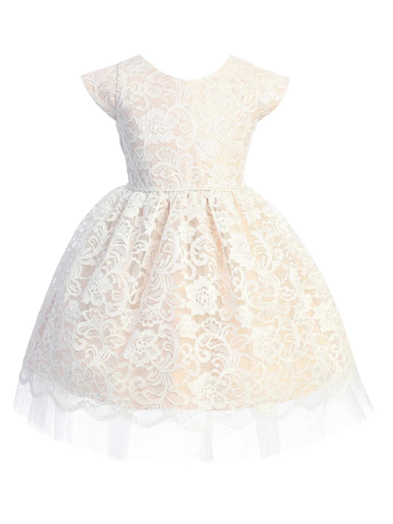 Little Girls Blush Pearl Trim Floral Lace Crystal Tulle Flower Girl Dress 2-6