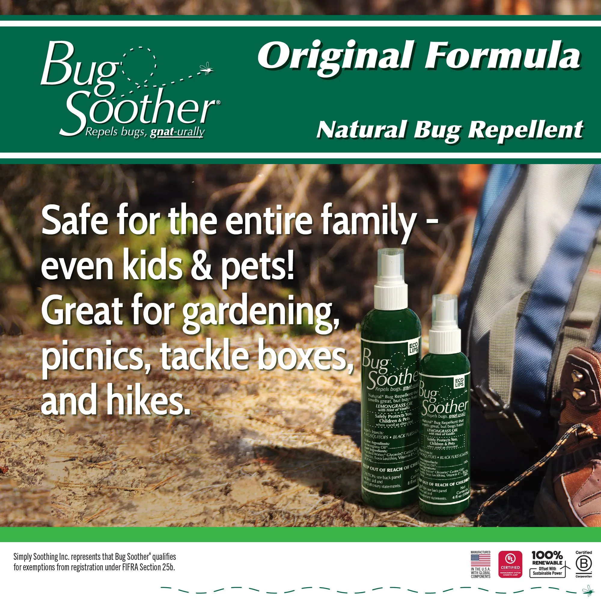 Outdoor Essentials 4-pack - Bug Soother Tick, Gnat & Mosquito Repellent, SPF 30 Sunscreen Lotion and Zinc SPF 15 Lip Balm